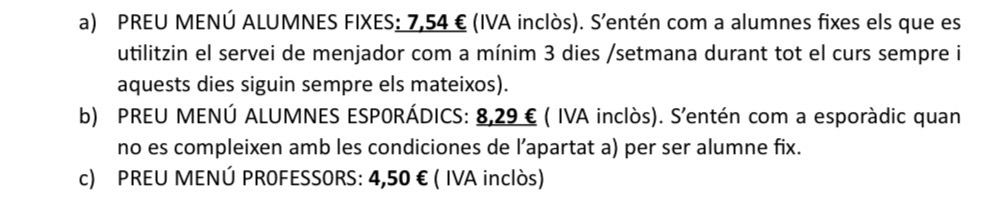 Preu servei menjador